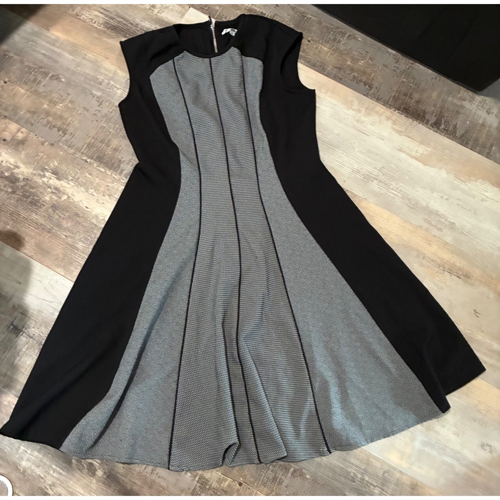 Sandra Darren Womens 12P Black Silver Metallic Colorblock Fit Flare Dress Zipper